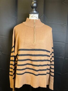 DKNY Tan and Black Striped Zip Mock-Neck Sweater